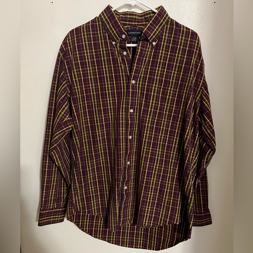LAND'S END Plaid Button Down in Purple‎ Green and Yellow Men's Size 17-35